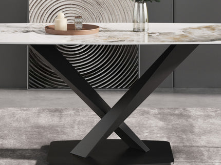 Modern Artificial Stone Pandora White Curved Metal Leg Dining Table, 6 People - Antique White