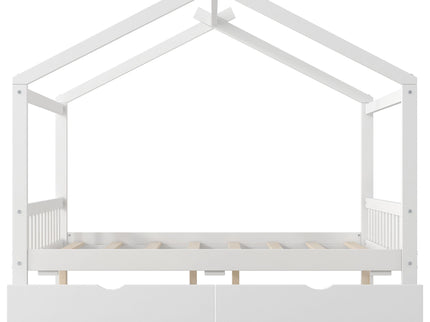 House Style Platform Bed With Headboard, Footboard, 2 Drawers, And Roof Design