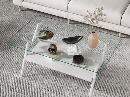Rectangle Coffee Table With Tempered Glass Top And Shelf