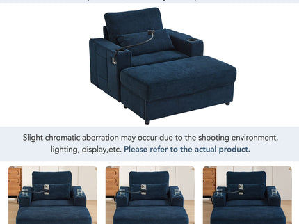 Modern Style Armchair Chaise Lounge Sofa Couch With Movable Storage Ottoman, USB Ports, Cup Holders, Phone Holder, Side Pockets