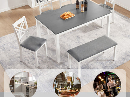 6 Piece Kitchen Dining Set, Rectangular Dining Table With 4 Upholstered Chairs And Bench - Gray / White