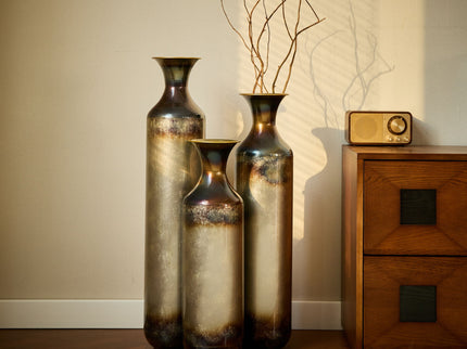Modern Droplet Shaped Floor Vase Set, Glazed Metal Decorative Vases 3 Piece Home Accent For Living Room - Gold / White