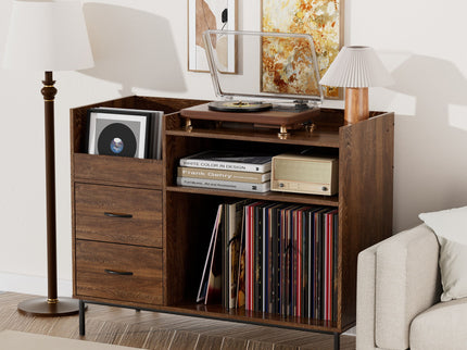 Eco-Friendly Vinyl Record Player Stand With Flip-Top Storage, Media Console With Dual Outlets And Dustproof Drawers
