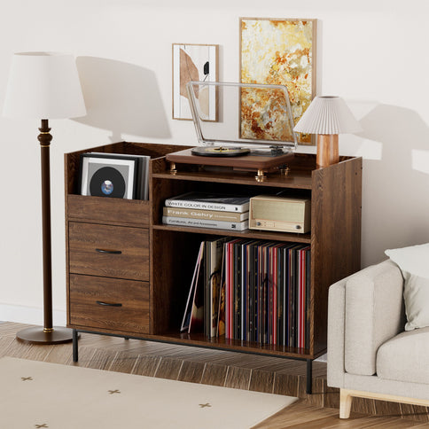 Eco-Friendly Vinyl Record Player Stand With Flip-Top Storage, Media Console With Dual Outlets And Dustproof Drawers