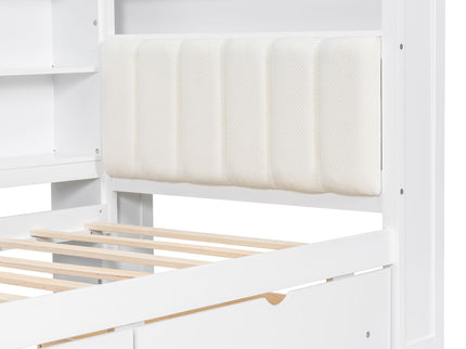 Platform Bed With Upholstered Headboard, Storage Shelves, Drawers, Charging Station, LED Lighting, Built In Desk