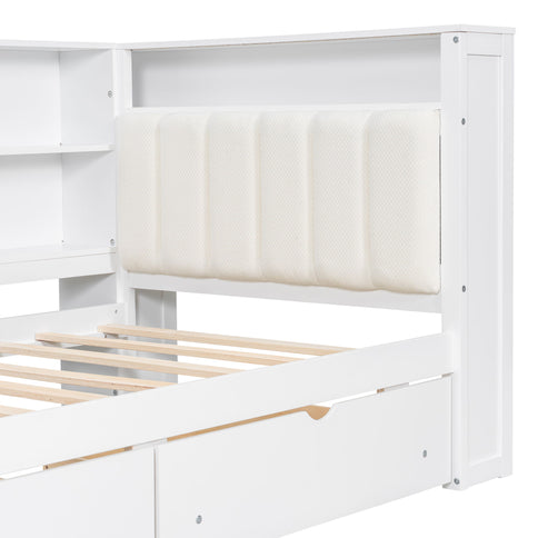 Platform Bed With Upholstered Headboard, Storage Shelves, Drawers, Charging Station, LED Lighting, Built In Desk