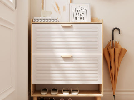 Shoe Storage Cabinet With 2 Flip Drawers, Compact Entryway Organizer - Natural / White