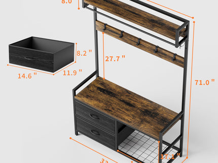 Hall Tree With 2 Movable Drawers, Shoe Storage, Shelves, Garment Racks, And 23 Hooks For Entryway - Rustic Brown