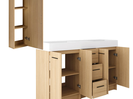 Double Sink Bathroom Vanity Set With Tall Linen Cabinet, 3 Drawers, Extra Large Storage, Integrated Sink, Freestanding Cabinet - Light Oak / White