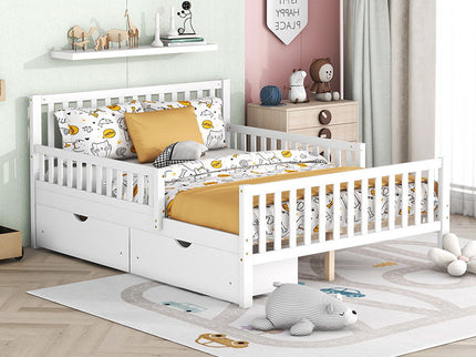 Platform Bed With Guardrails On Both Sides And 2 Storage Drawers