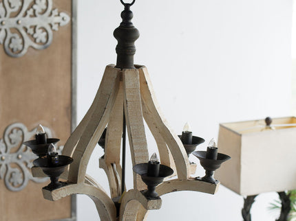 6 Light Wood Chandelier, Hanging Light Fixture With Adjustable Chain For Kitchen, Bulb Not Included - Cream