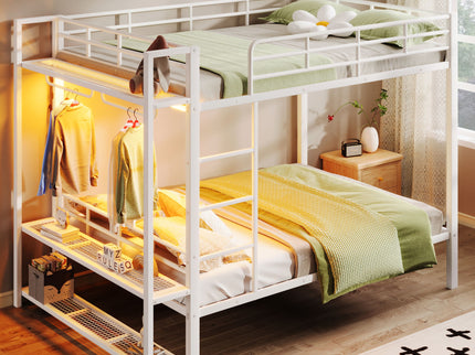 Bunk Bed With Storage Shelves, Clothes Hooks, LED Light