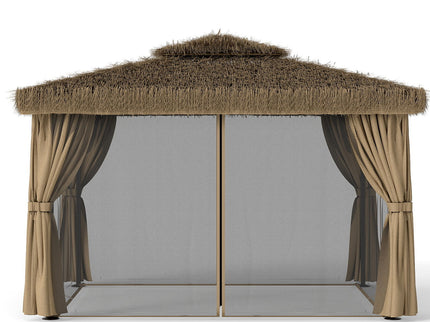 Outdoor Patio Gazebo With Double Canopy, Mosquito Net & Privacy Curtain - Brown