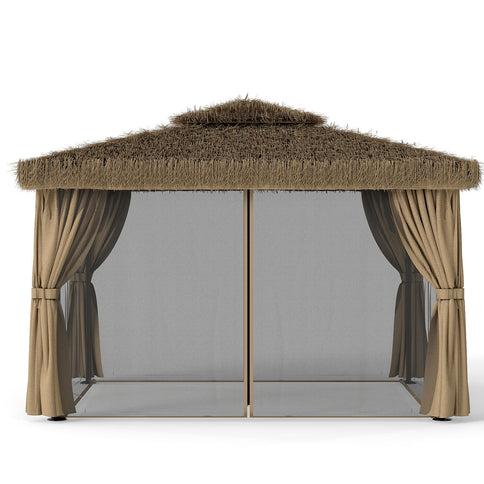 Outdoor Patio Gazebo With Double Canopy, Mosquito Net & Privacy Curtain - Brown