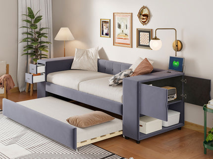 Upholstered Bed With Storage And Twin Trundle, USB Charging Ports