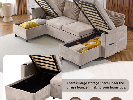 Sectional Sofa Bed With Pull Out Sleeper, USB Ports, Cup Holders