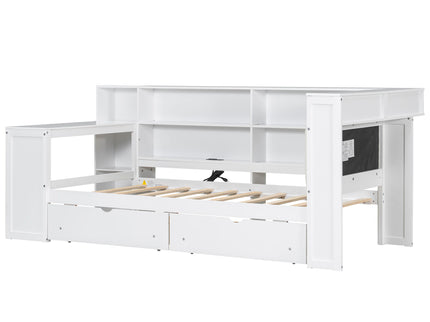 Platform Bed With Upholstered Headboard, Storage Shelves, Drawers, Charging Station, LED Lighting, Built In Desk