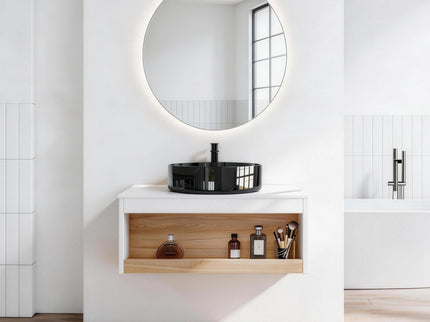 Floating Bathroom Vanity With Vessel Sink With Open Shelf Storage