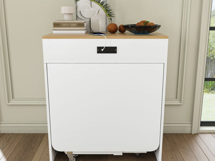 Extendable Dining Table With Power Socket, Lockable Casters, Storage Cabinet