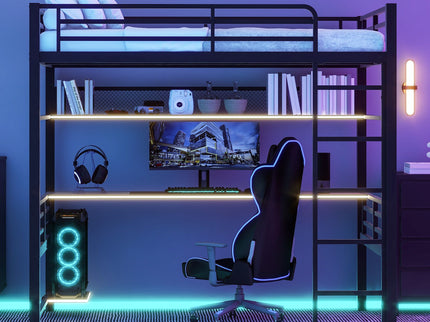 Full Size Loft Bed Frame With Storage Shelf And LED Light - Black