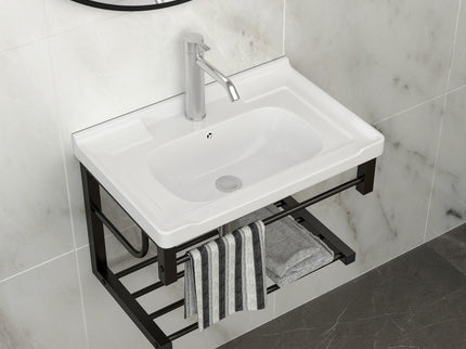 Wall Mounted Rectangular Bathroom Sink With Towel Bar & Overflow - White