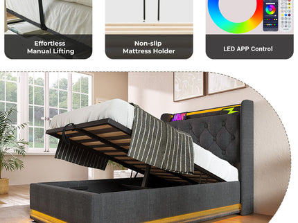 Upholstered Bed, 360 Surround LED Function, Remote Control, Hydraulic Storage Bed With USB, Type-C Charging (Without Mattress)