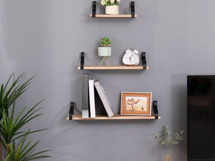Floating Shelves, Long Wall Shelves (Set of 3), Wall Mounted Shelves & Brackets For Bedroom - Natural Wood