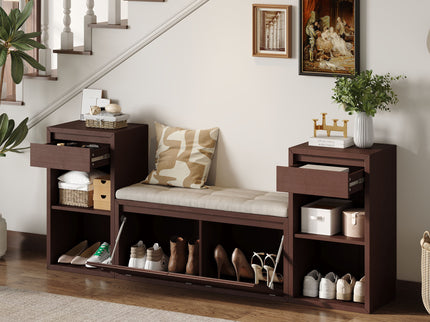 Entryway Storage Bench With Cushion, Drawers & Open Shelves