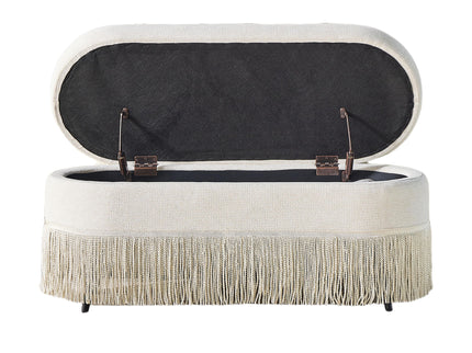Oval Upholstered Storage Ottoman With Fringe Trim & Lift Top Lid