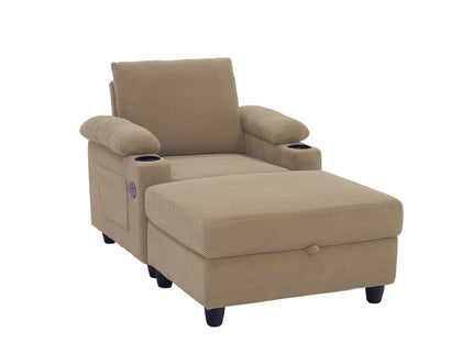 Accent Chair With Storage Ottoman, Reclining Single Chaise Lounge With Cupholders And USB, C Ports