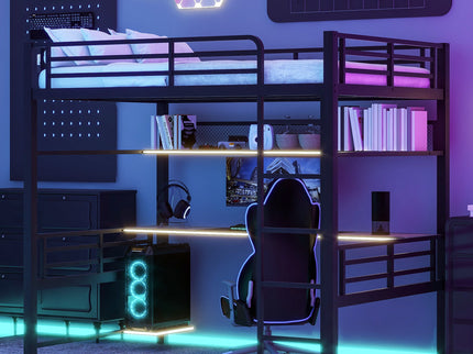 Full Size Loft Bed Frame With Storage Shelf And LED Light - Black