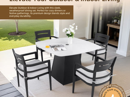 Outdoor Patio Dining Set, Squircle Dining Table, Dining Chairs With Sunbrella Cushions