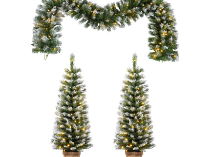 Artificial Christmas 3 Piece Set Wreath And 2 Entrance Trees With LED Lights - White / Green