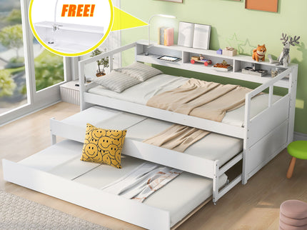 Daybed With 2 Trundles, 3 Storage Cubbies, Built In USB Charging Light
