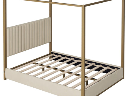 Upholstered Canopy Platform Bed With Frame, Queen Size - Beige
