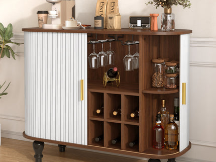 Fluted Liquor & Coffee Bar Cabinet With 6 Wine Racks And 3 Glass Holders