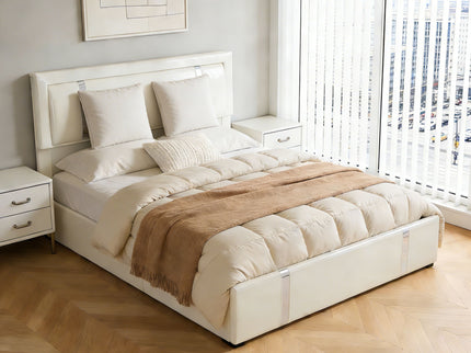Upholstered Platform Bed Frame With Adjustable LED Headboard, USB C-Charging, Hydraulic Lift