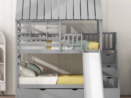 House Bunk Bed With Trundle, Storage Staircase, Roof And Window Design