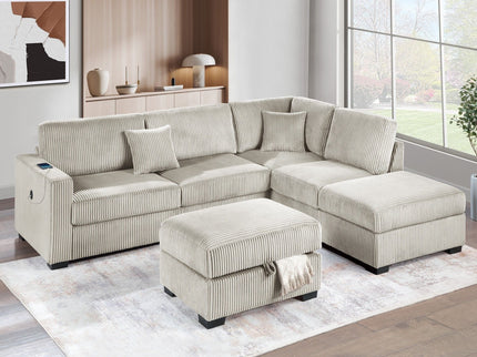 3 Piece Sectional Sofa With Reversible Chaise And USB Storage Ottoman