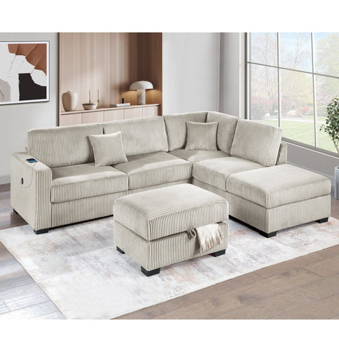 3 Piece Sectional Sofa With Reversible Chaise And USB Storage Ottoman