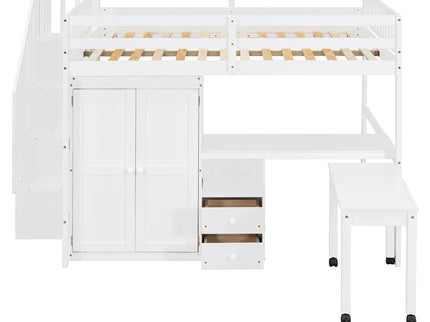 Loft Bed With Stairs, Bookshelf, Drawers, Desk & Wardrobe, Space Saving Multifunctional Furniture