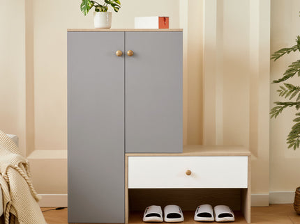 Modern Multi Functional Shoe Storage Bench & Cabinets With Adjustable Shelves - Gray / Natural Wood / White