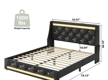 Wingback Upholstered Bed Frame With LED Lights, Charging Station