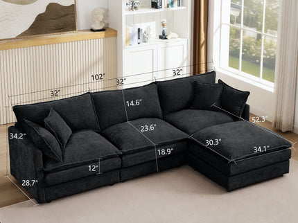 L Shaped Modular Sectional Sofa With Movable Ottoman, 3 Seater Comfortable Seating