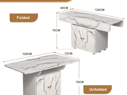 Versatile Marble Folding Dining Table With Storage Rack And Cabinet, 6 Wheels - White