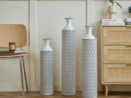Modern Floor Vase Set Metal Vases With Geometric Pattern, 3 Piece Home Decor Set - White / Black