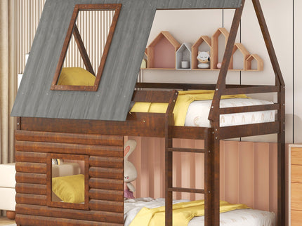 Wood Twin Size House Bunk Bed With Roof, Ladder And 2 Windows - Oak & Smoky Gray