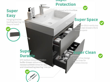 Alice - Bathroom Vanity With Sink, Large Storage Wall Mounted Floating Bathroom Vanity For Modern Bathroom, One-Piece Sink Basin Without Drain And Faucet