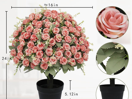 Artificial Rose Decoration With UV Resistant Silk Petals, Durable Stems In Cement Pot, Indoor Outdoor Potted Floral Arrangement - Green / Pink