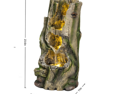 Outdoor Water Fountain, Tree Stump Cascading Fountain With Warm LED Lights - Earthy Yellow